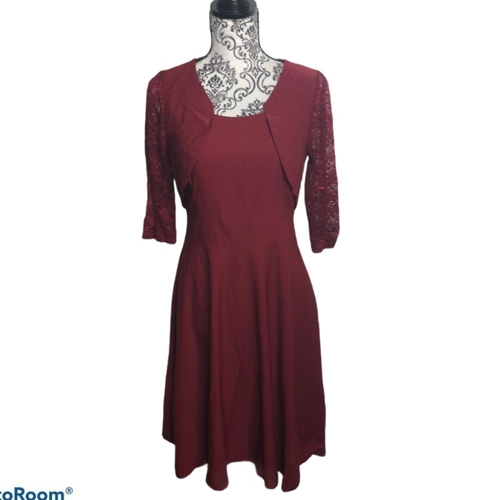 Miusol‎ Dress Dark Red Fit Flare Lace 3/4 Sleeve L